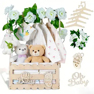 Wooden Baby Shower Crate Closet with Handle, Storage Basket, 5 Baby Clothes Hangers, Artificial Garland, Newborn Gift Basket, Clothes Baskets, Room Organizers