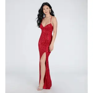 Mckenna Lace-Up Slit Sequin Beaded Formal Dress