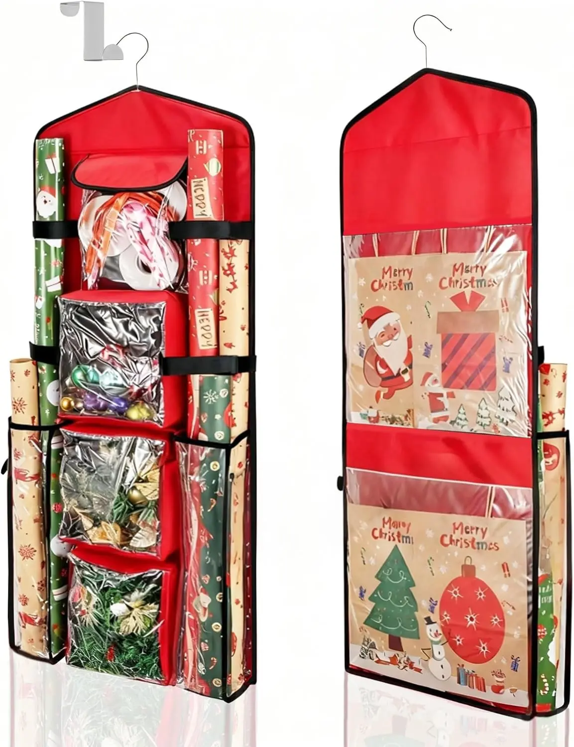 Hanging Wrapping Paper Storage Organizer, Double-Sided Gift Wrap Holder, 360° Rotating Gift Bag Storage Organizer for Your craft, Accessories, Gift Warp Supply, Wrap Ribbon and Stationery (Red)