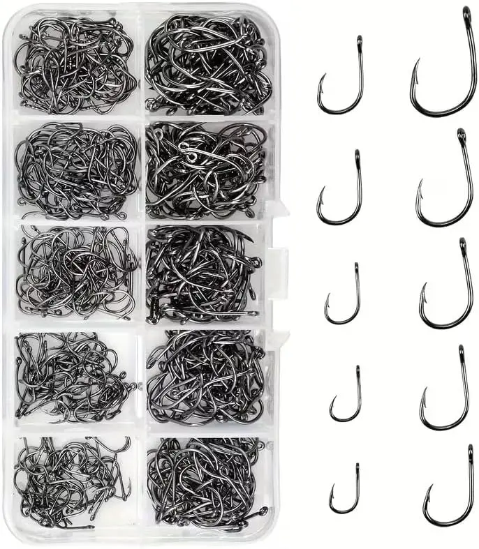 500PCS Fishing Hooks, Carbon Steel Sharp Barbed Fish Hooks W/Box 10‑Sizes Available, Hole‑Designed Barbs, Strong Sturdy Build, For Freshwater & Saltwater, Includes Portable Storage Box