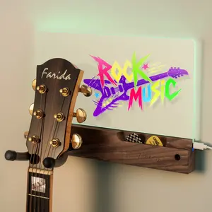 Guitar Wall Mount with RGB LED Drawing Board,Diy Writable with 7-color markers,Beech Wood&Rotating Iron Hook for Acoustic/Electric Guitar/Bass Display, Idel Gift for Musicians,with USB no Adatper