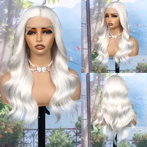 Aodbar hairs Platinum Blonde Body Wavy 13*4 Transparent Lace Frontal Wig Glueless Wig Synthetic Loose Wig For Women Heat Resistant Fiber Hair Pre Plucked Natural Looking Wis For Daily Party Deep Parting Space