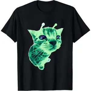 100% Cotton Alien Cat With Antennas Glowing Green T-Shirt Women Men Unisex Clothing Streetwear