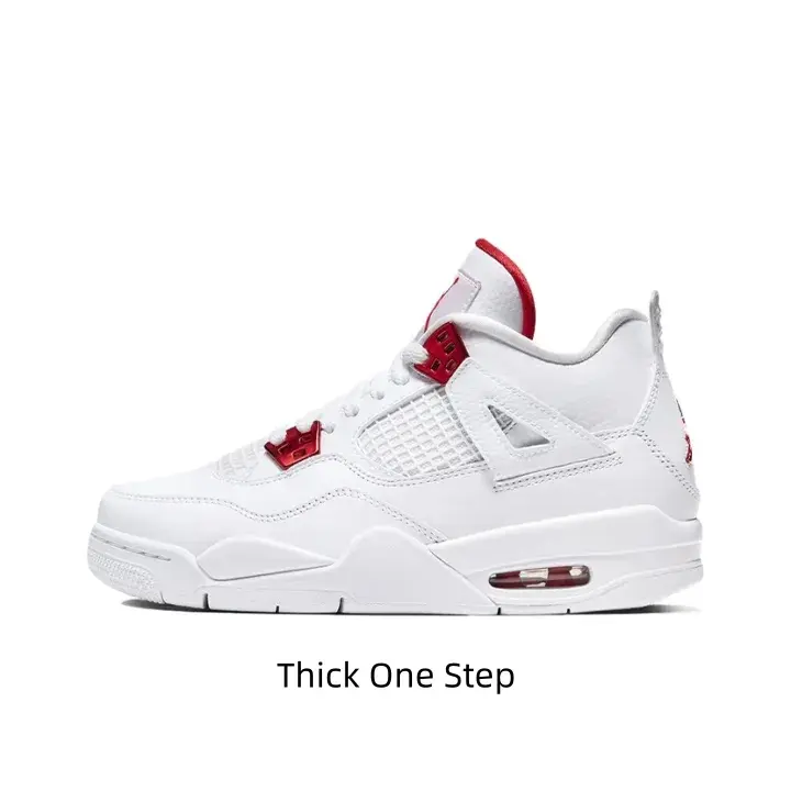 Mid-top white leather basketball sneakers crafted with breathable grid mesh, vivid red metal hardware and inner lining, side visible shock-absorbing air cushion for clean street fashion