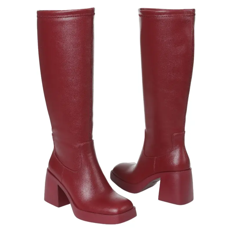 Women's Solid Burgundy Knee-High Platform Chunky Steadier Block Heel Boot Heels, Square Toe, Side Zip, High Heeled Booties, Statement Fashion Footwear, Statement Shoes