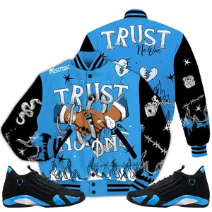 Black University Blue 14s Outfit Varsity Jacket, Graffiti Trust No One Shirts Match Sneaker Baseball