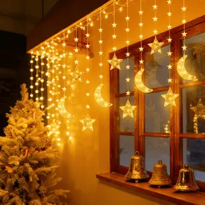 Moon Star Curtain Light LED Fairy String Lights, USB Powered Warm &, 8 Modes, Crescent Moon & Stars Shape, Led Lights Bedroom