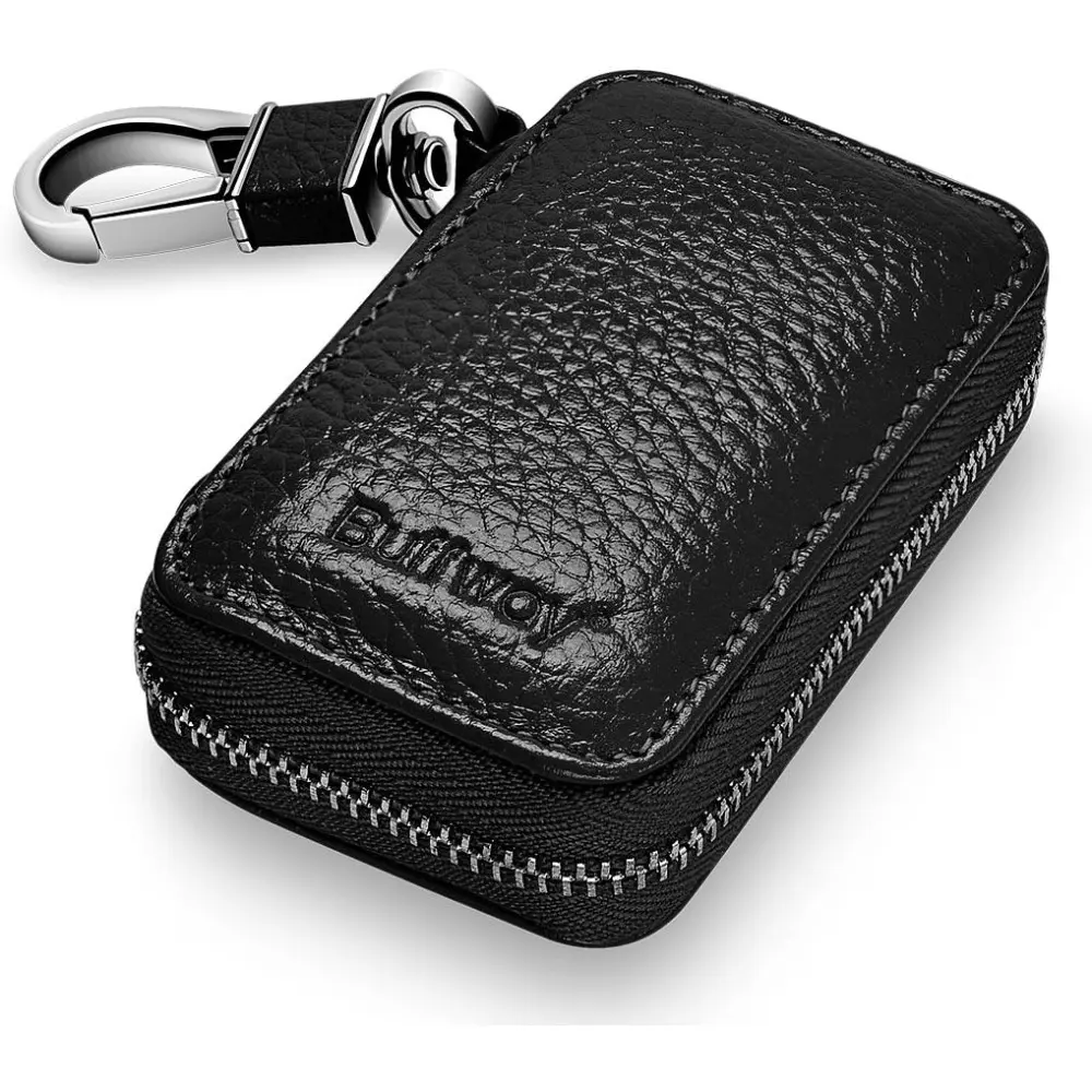 Car Key Case, Genuine Leather Car Key Chain Holder with Metal Hook and Keyring, Zipper Bag for Remote Key Fob-Black