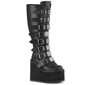 Demonia Swing-815WC Women's Platform Boots with 8 Buckle Straps, Round Toe and Back Metal Zip Closure, Wide Calf, Vegan Leather, Black