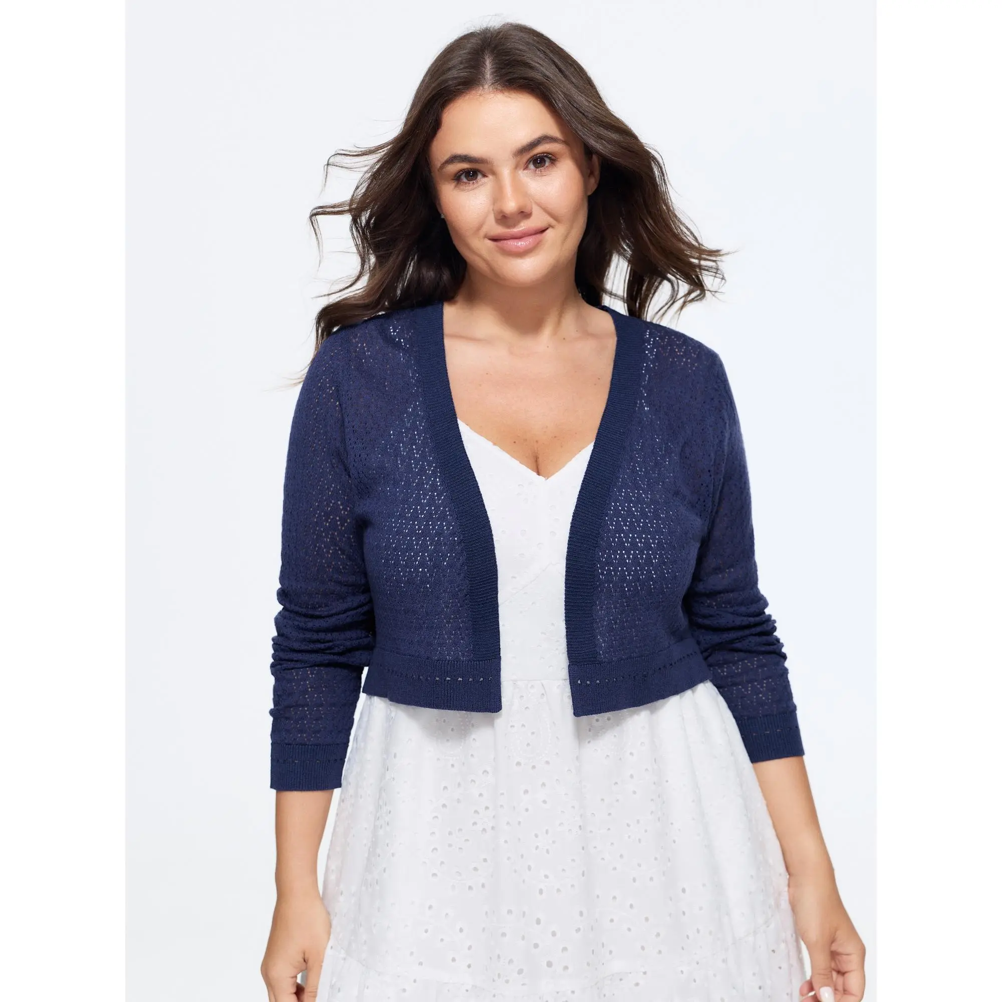 BLOOMCHIC Women's Plus Size Knit Open Front V-Neck Eyelet Cropped Cardigan, Navy, Basic Casual Sleeve Top [M-6X] 2026 Summer Finds