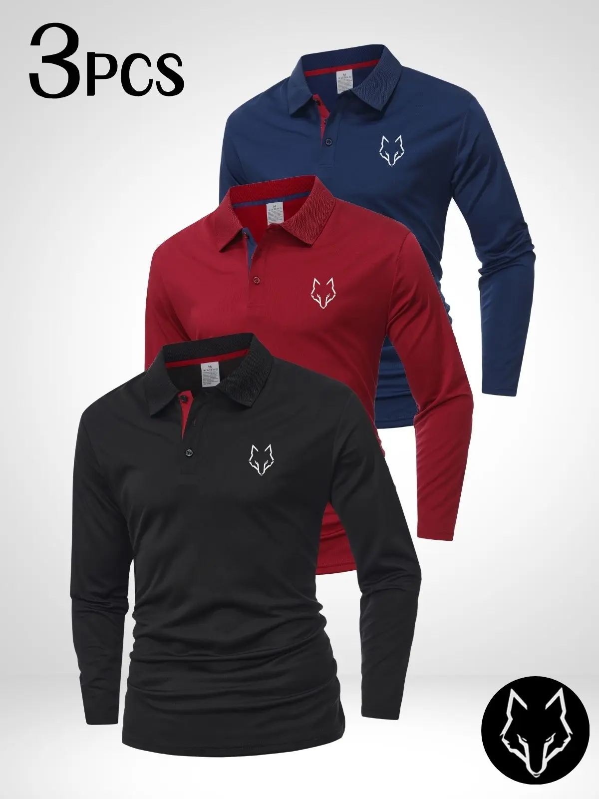 Men’s long-sleeve polo shirts available in three-pack and single-pack options, featuring a contrasting front placket and casual turn-down collar.