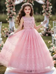 Girls Floral Wedding Dress, Princess Mesh Gown with Elegant Flower Decorations, Perfect for Birthday Parties, Weddings, Holidays