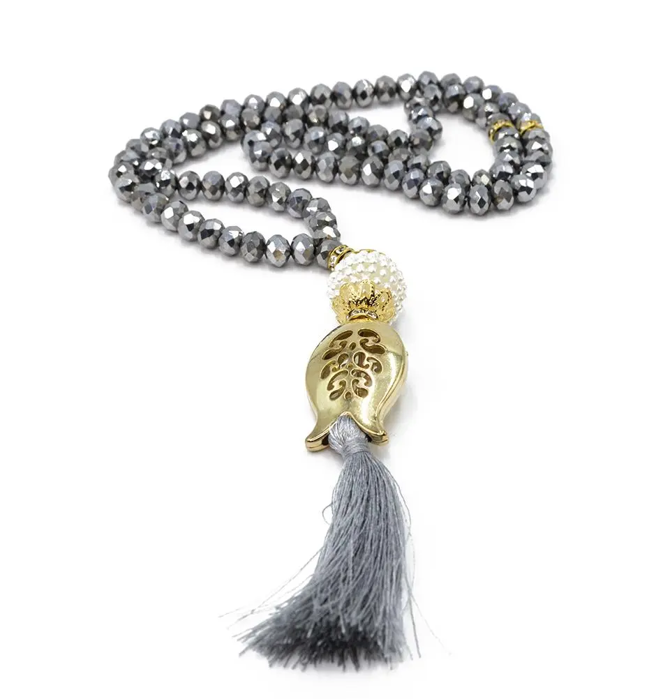 Islamic Tesbih Acrylic Crystal Cut Prayer Beads with Tulip Tassel 99 Count - Silver
