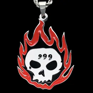 WRLD 999 Skull Necklace - 1.5" Mirror Polished Juice Pendant in Stainless Steel with Black & Red Enamel Flames - Scratch Free & Durable Choice of Chain Free Gift Included