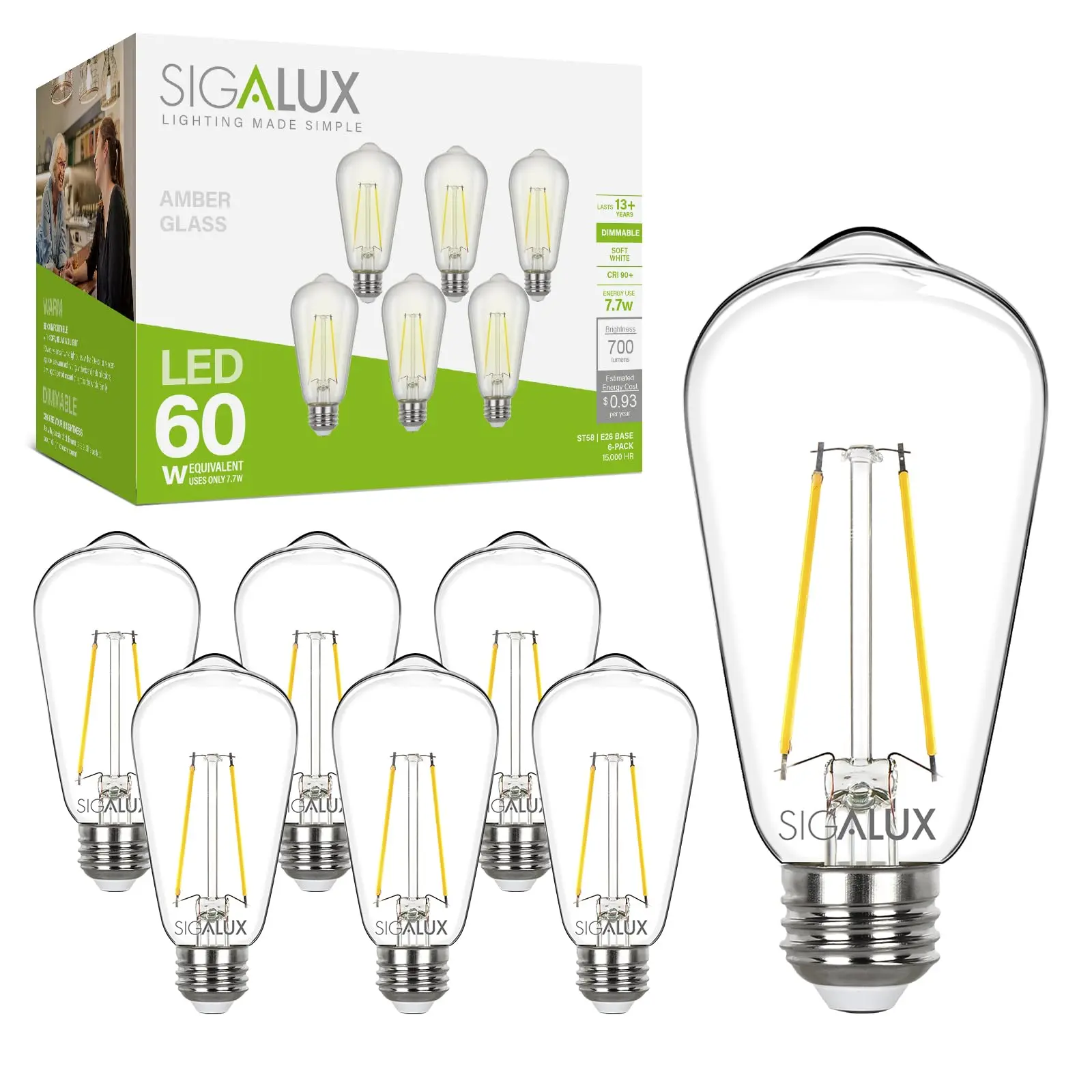 Sigalux EcoBright, T20 Compliant LED Edison Light Bulbs,E26 LED Bulb ST58 Filament Clear Dimmable Vintage Light Bulbs 60W Equivalent,2700K Soft White,700LM,CIR90 15,000hrs 6 Pack