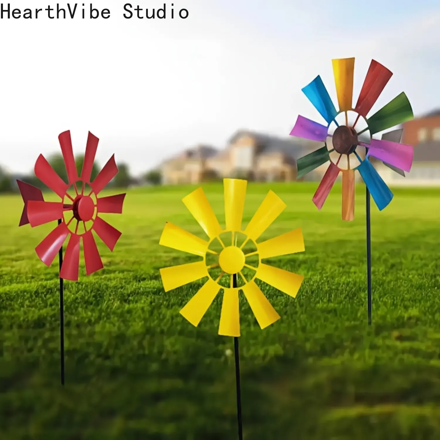 Kinetic Metal Wind Spinner, Colorful Garden Sculpture with Stake and Metal Wind Chimes for Outdoor Lawn and Patio Decor, Garden Sculptures Statues, Outdoor Decor, Stake-Mounted, Colorful Blades, Decorative Stakes & Wind Spinners