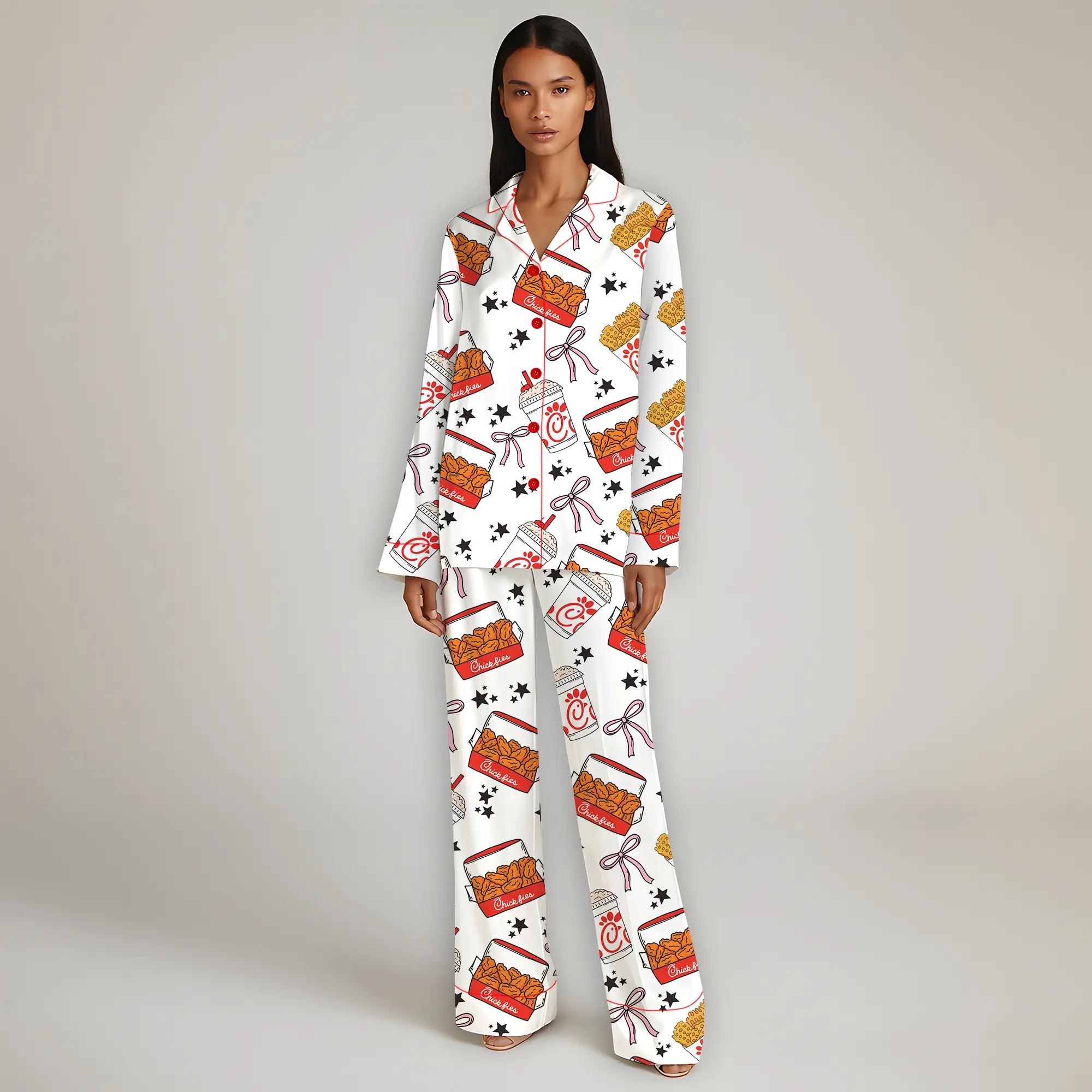Funny Chicken Nugget Pajama Set Cute Fast Food Sleepwear Red Loungewear Gift for Nugget Lover