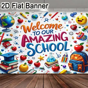 2D flat banner, 1pcColorful School Welcome Banner, Vibrant Educational Party Decorations with Globes, Books, Smiley Face - Perfect for Back to School or Classroom Decor