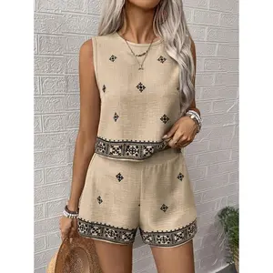 2pcs/Set Women Vacation Floral Print Sleeveless Shirt And Shorts Casual Set