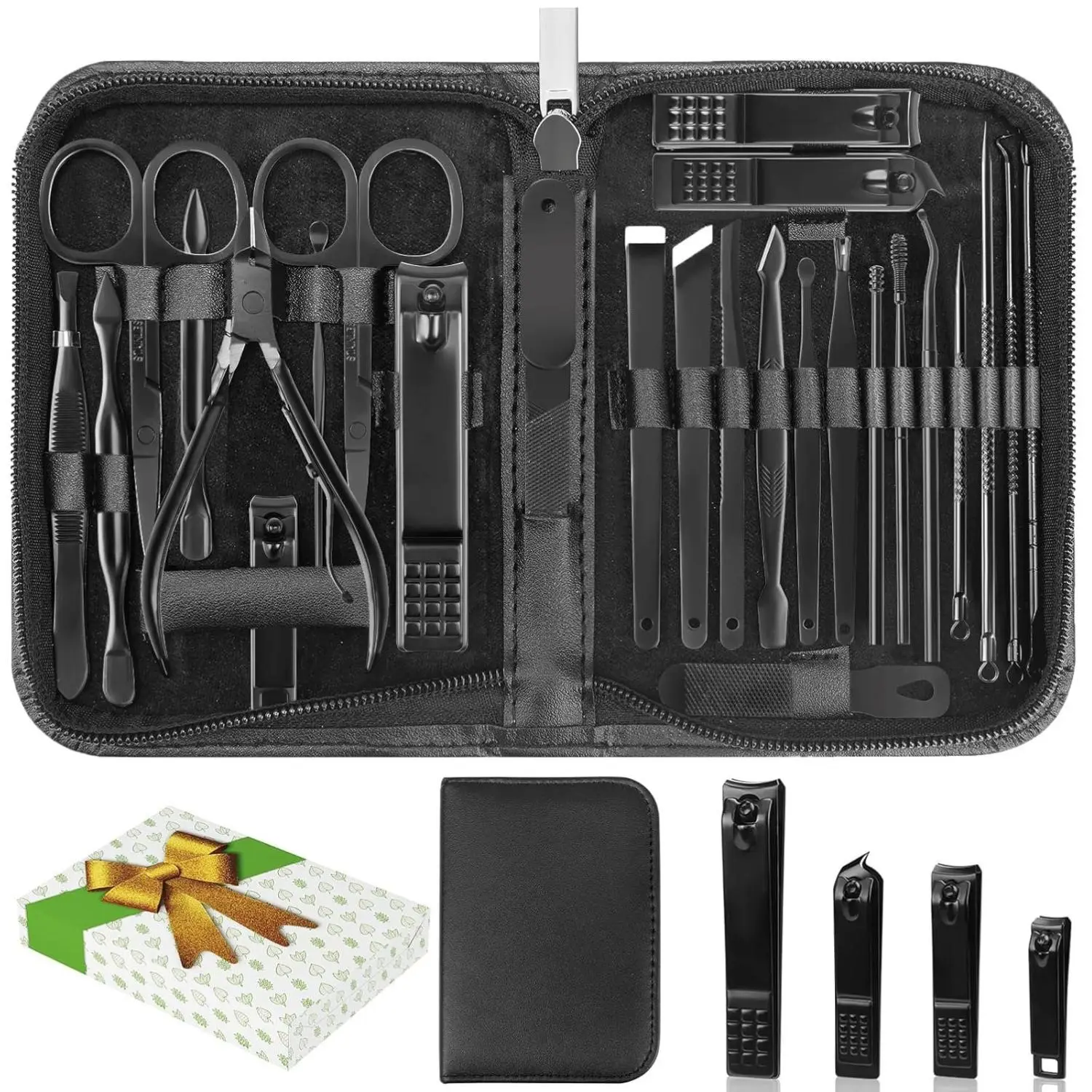 Nail Clippers Set, 26 Piece Manicure Set & Pedicure Kit, Stainless Steel Fingernail & Toenail Clipper Cutters, Professional Nail Care Tools with Luxurious Travel Case for Men and Women, Black Cutics