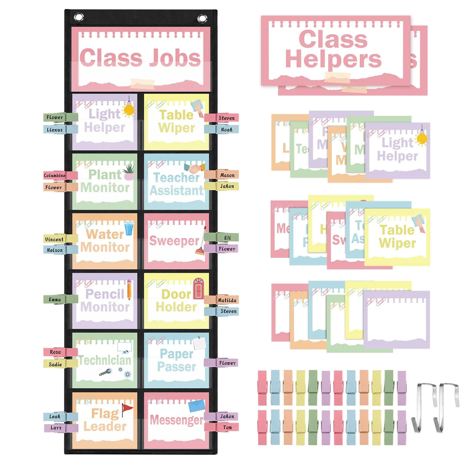 Back to School Class Jobs Pocket Chart Set, Class Helpers Behavior Pocket Chart with Cards, Clips & Hooks, Teacher's Helper Classroom Management Education Pocket Chart Class Bulletin Board Set for School Classroom Haves Decoration