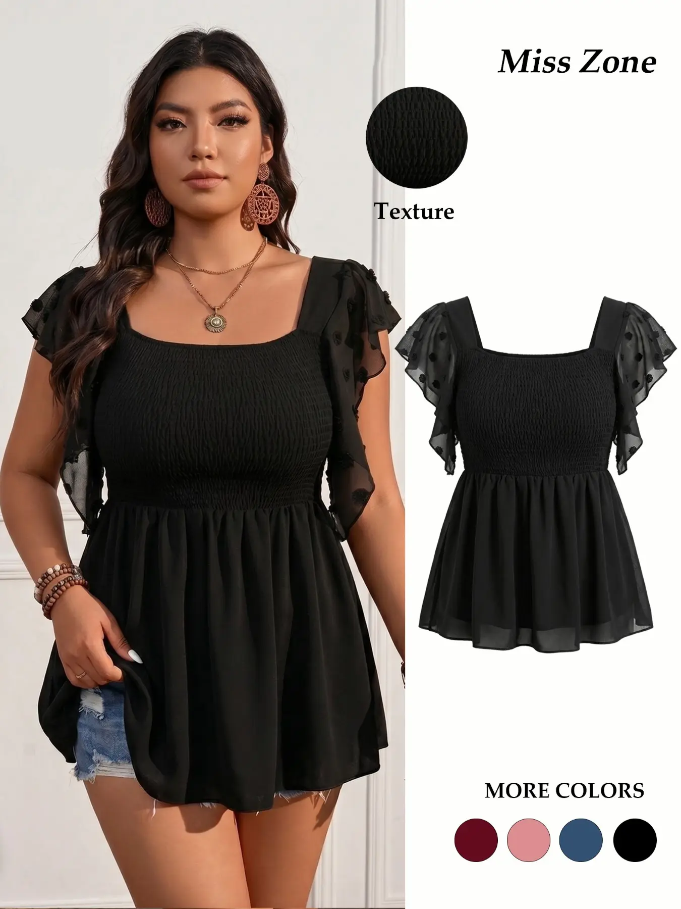 Women's Plus Size Smocked Blouse Square Neck Swiss Dot Flutter Sleeve Peplum Flowy Tunic Feminine Fit Casual Summer Everyday Shirts Trendy Soft Summer Top Womenswear Boho Style Shirt