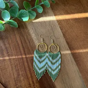 Beaded Earrings with Leaf Design and Chevron Pattern - Simple Bead Decorations