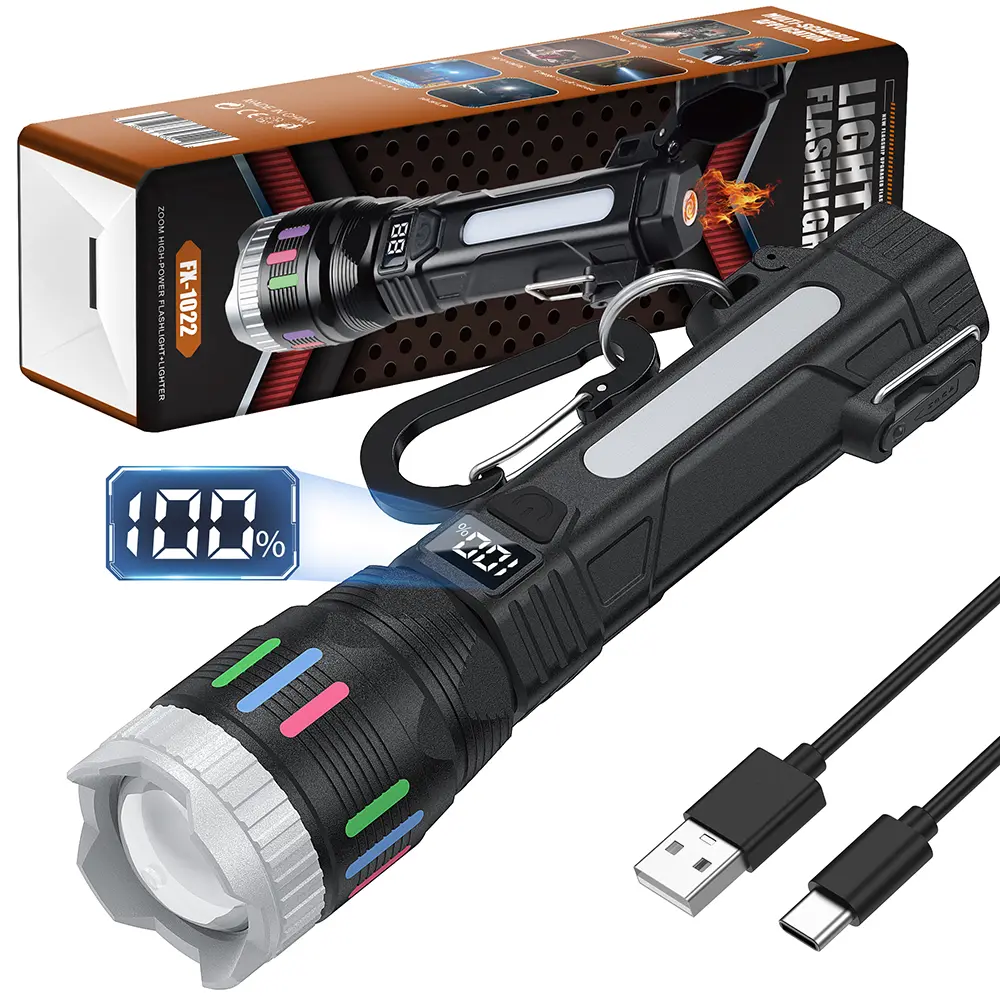 [Emergency Ready] 2400 Lumen Flashlight with Ignition Function, Digital Display, Rechargeable, Zoomable, Waterproof, 4 Lighting Modes, Survival Flashlight for Camping Hiking Power Outage