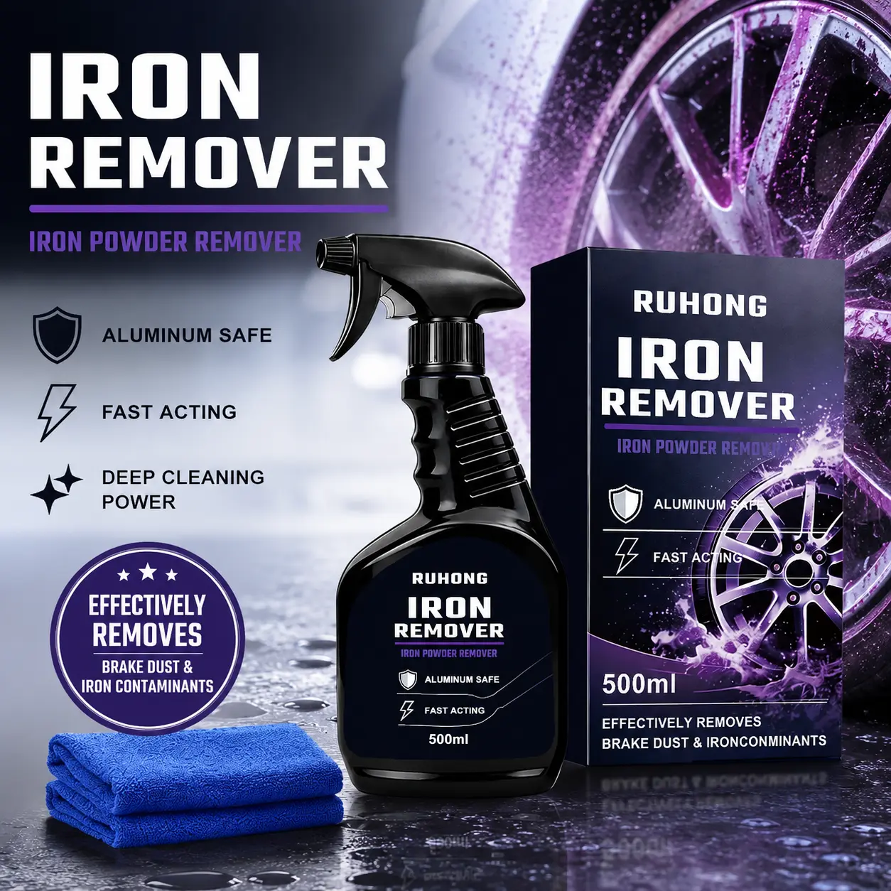 Iron Remover Brake Dust Cleaner Fast Acting Wheel Rim Cleaning Spray Effortless Rust Dissolving Restores Shine for All Car Detailing Maintenance 500ml 16.9 fl oz