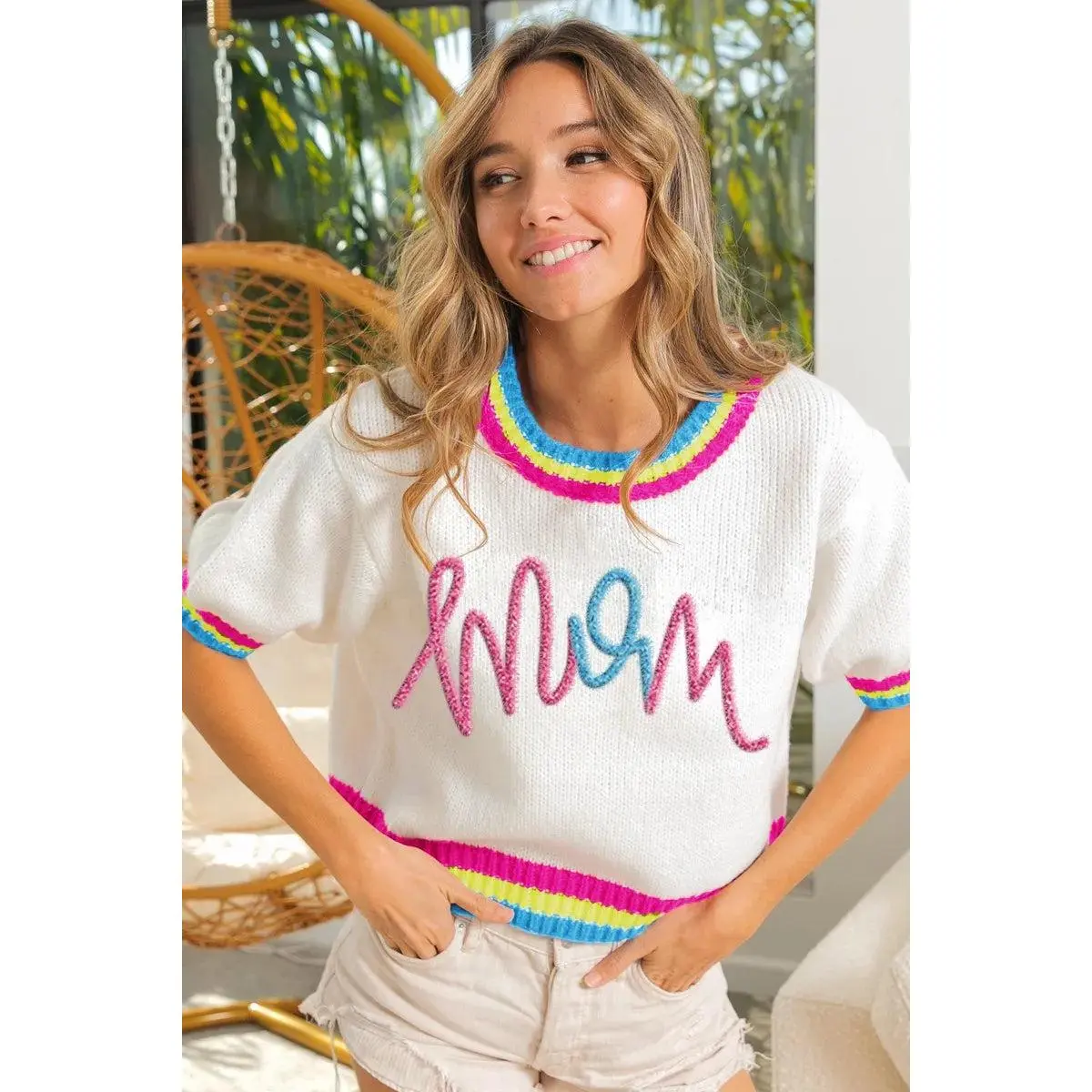 BiBi Metallic Letter Short Puff Sleeve Sweater