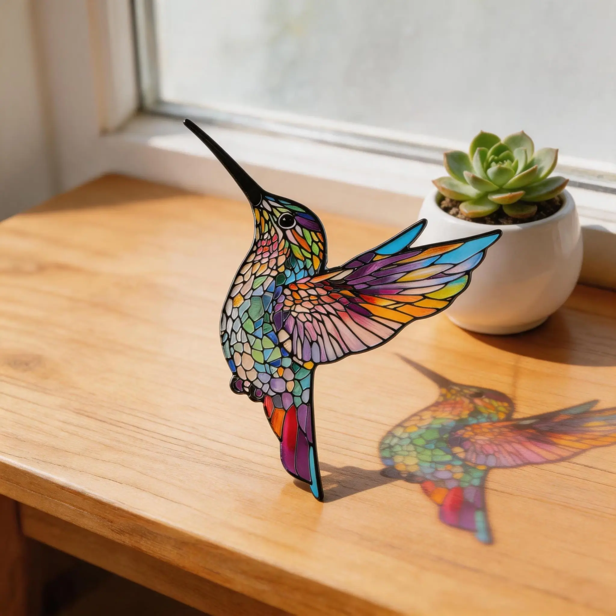 Hummingbird Stained Acrylic Suncatcher, Colorful Window Hanging, Rainbow Light Sun Catcher, Gift for Mom, Bird Lover Decor, Home Window Art