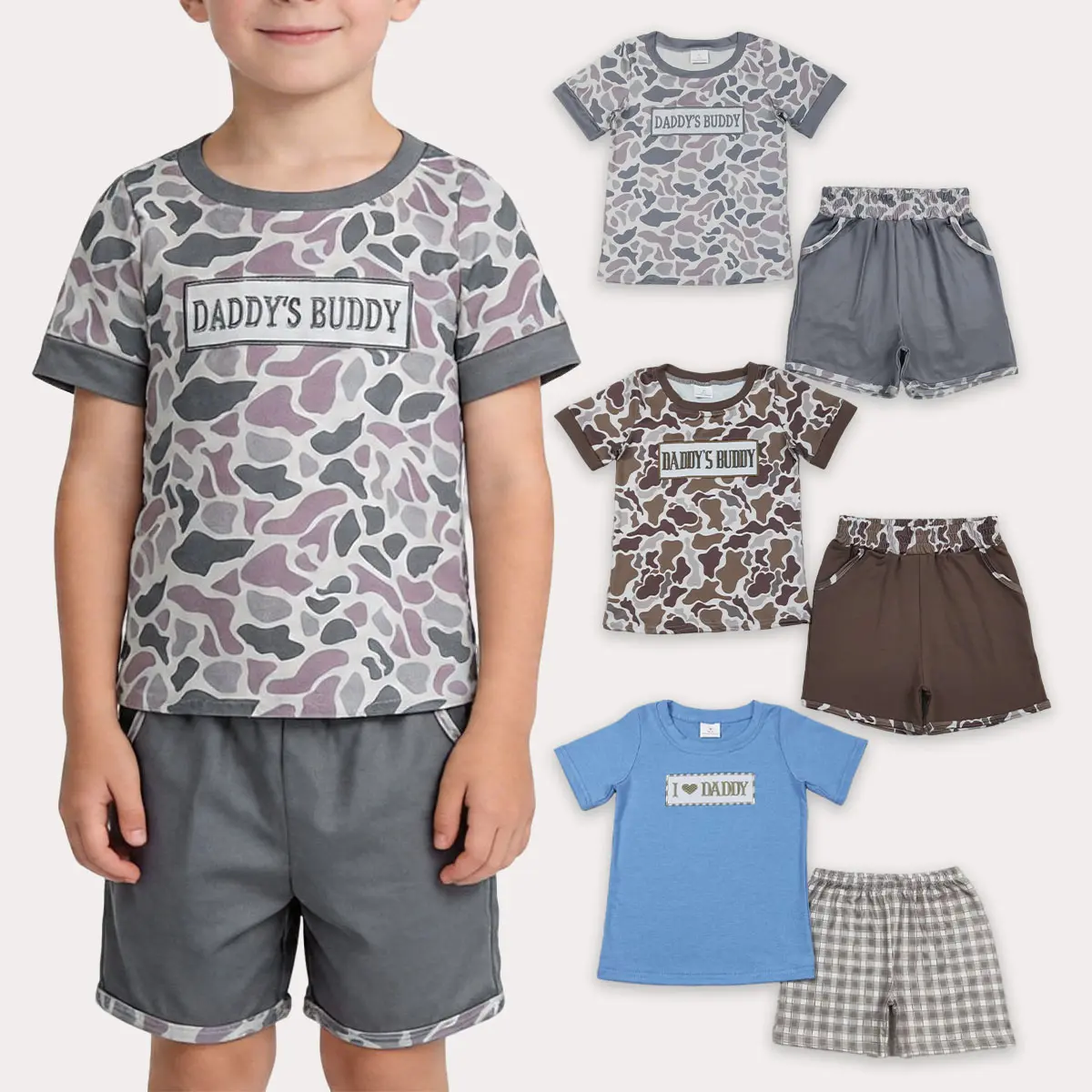 Boys' 2-Piece Age-Tagged Camo Embroidery "Daddy's Buddy" Summer Sibling Matching Clothing Set, Breathable Cotton, Pockets, Kids' Fashion Suits, Age-Tagged Boys' Sets
