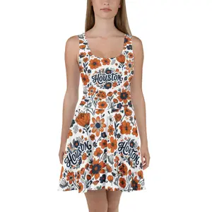 Tuve Me At Hello Women's Casual Sleeveless Skater Dress in Navy & Orange Houston Gameday Style Elastic Fit Flared Skirt