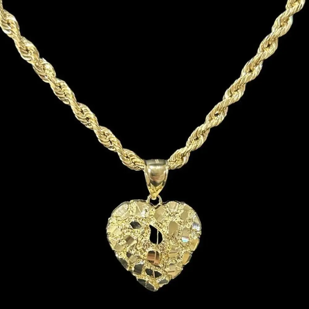 14K Real Gold Plated Brass Golden Nugget Heart Pendant & 3mm 18 20 24 14K Stamped Rope Chain Necklace Gift Set Daily Birthday Engagement Wedding Anniversary Unisex Men Women