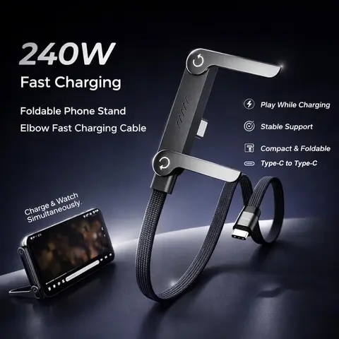 240W Fast Charger Phone Holder & Mount Charging Cable Kit - 2-in-1 USB-C Dual Charging Cable with Invisible Stand, Gaming-Compatible, for Mobile Devices (200 to 299W Phone Charger)