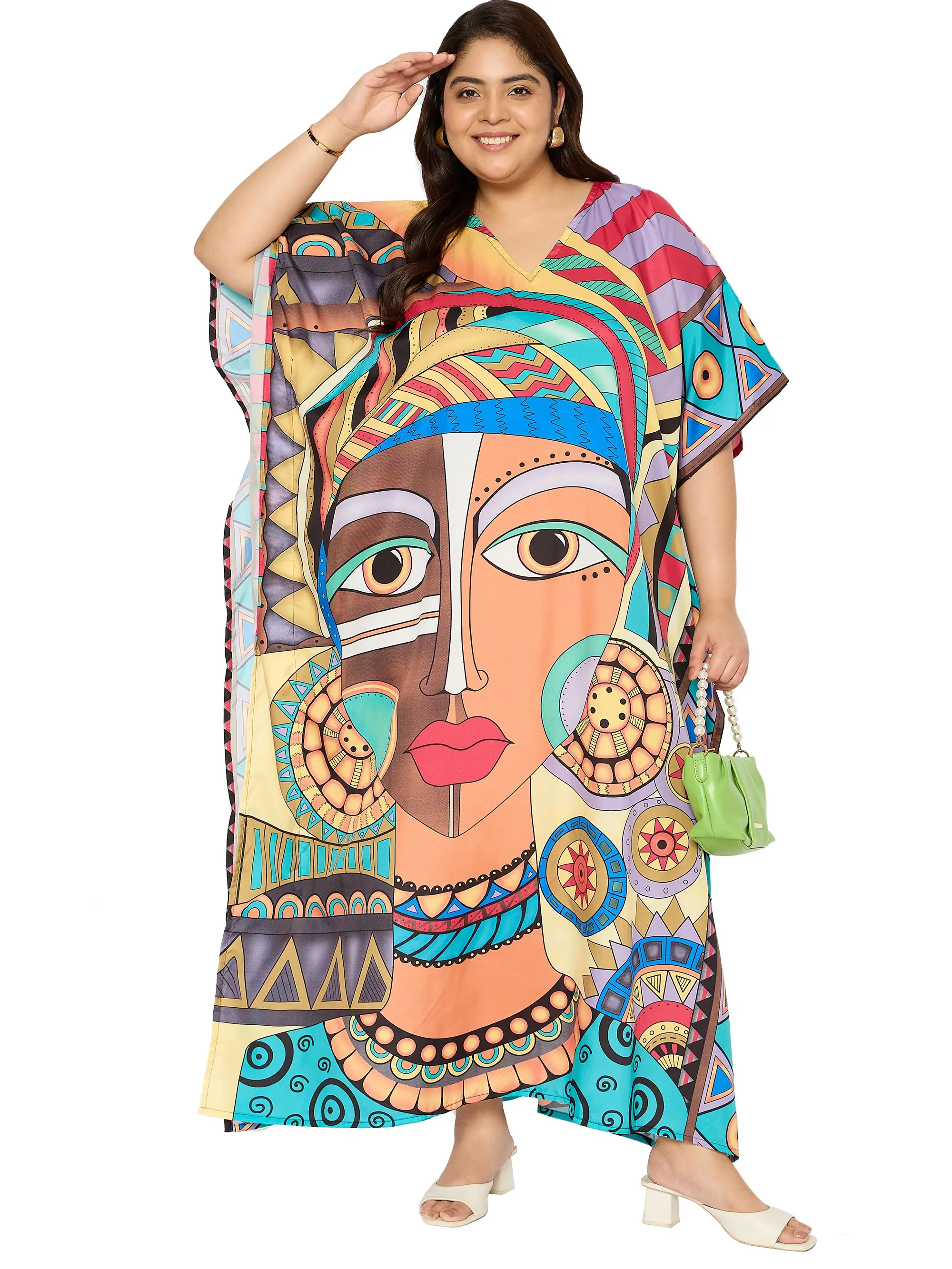 Gypsie Blu Women s Polyester Kaftan Artistic Face Printed Stylish Long Gown Lightweight Soft V-Neck Caftan Dress Perfect for Vacation Style Yellow & Turquoise One Size Fits Most