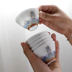 Traditional Mutton Fat Jade Porcelain Nixin Tang Teacup, Hand-Painted Landscape Design, Collectible Cultural Pottery Item