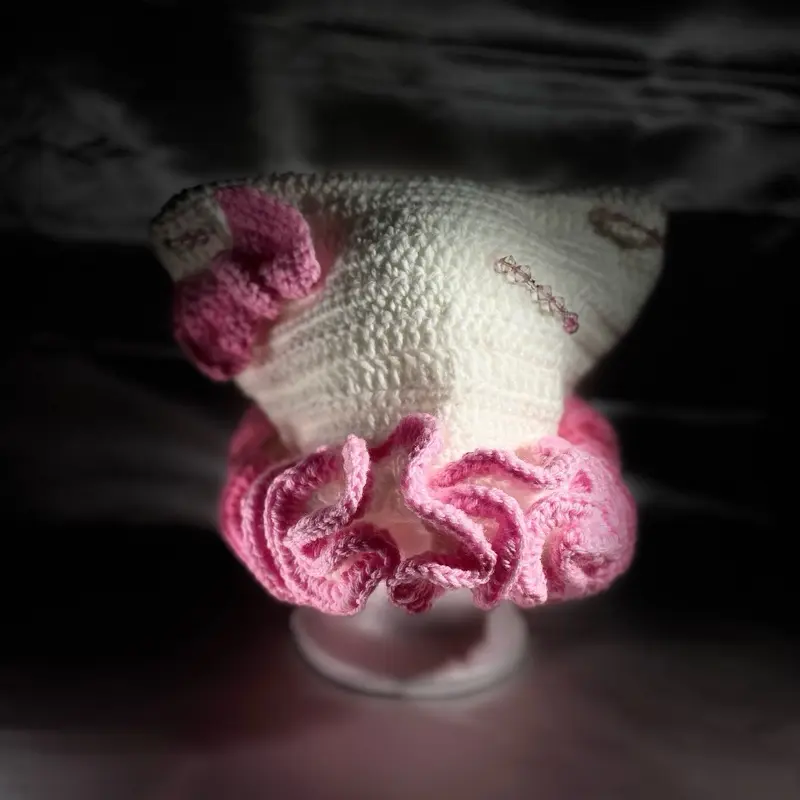 Hello Kitty Ruffles Hat Soft Fabric Design with Pink Ruffles and Decorative Elements Crochet Construction Comfortable Fit