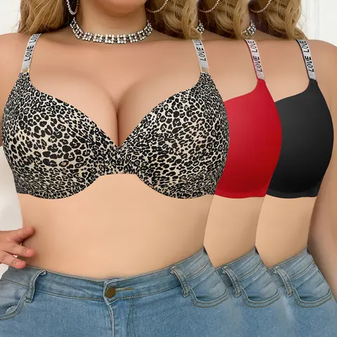 【SohoChic】Mimilemon 3 PCS Plus Size Push-up Bras for Women, Sexy Love-Strap Leopard Print, Comfy Busty Fit, Body Shaping, Casual All Seasons Wear, Valentine's Day Gift