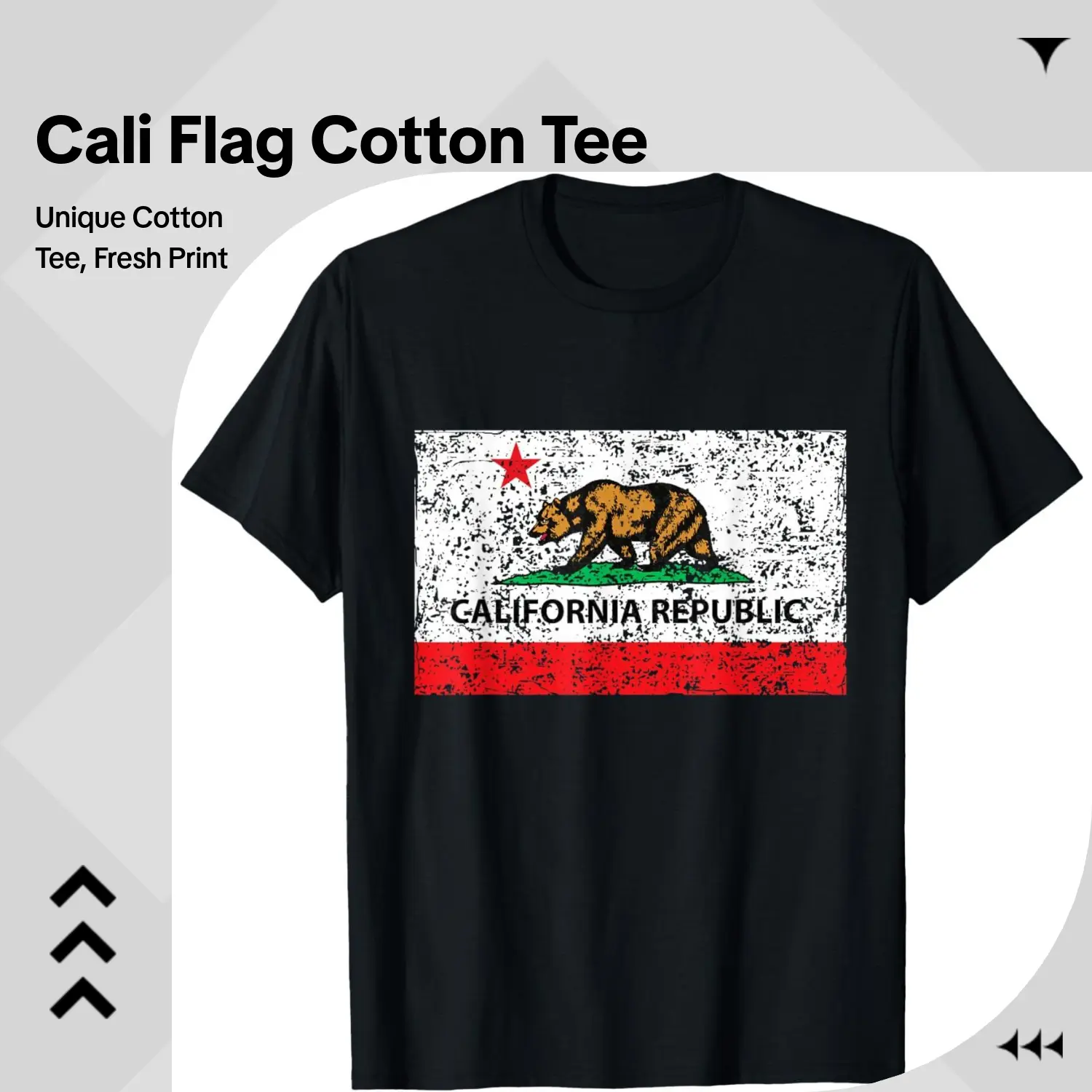 Women's Basic Cotton T-shirt with California Republic Print - Round Neck with Standard Sleeves for Casual Everyday Streetwear, Flag, Graphic