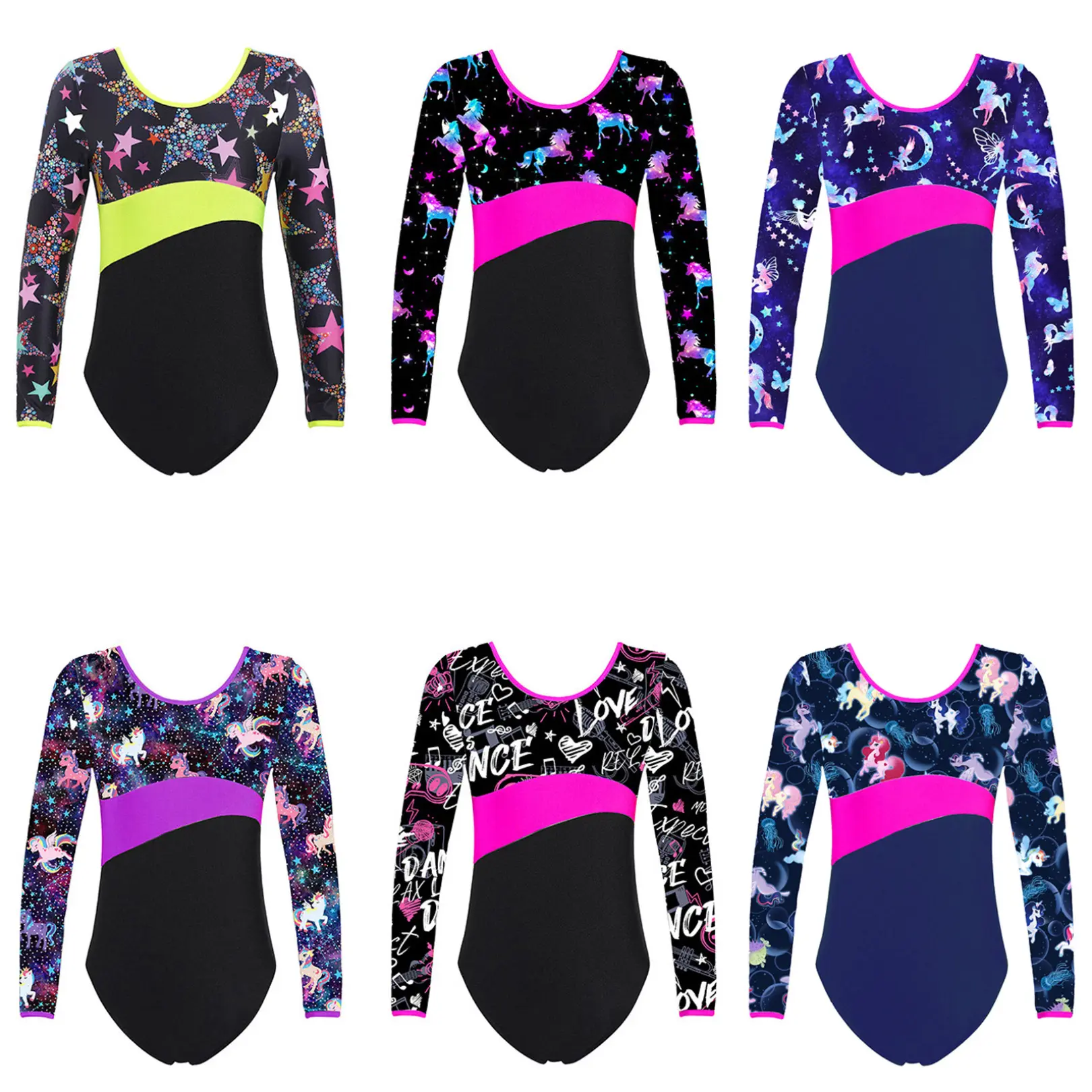 easyforever Girls' Stretchy Long Sleeve Gymnastics Leotard, Silky Star Print Bodysuit for Ballet and Pilates, Polyester Blend, Modern Dance, Age-Based Sizes, Spandex Flex, Quick Drying, Aerobic Exercises, Stars Print, Color Block Patchwork, Kids Girls, On
