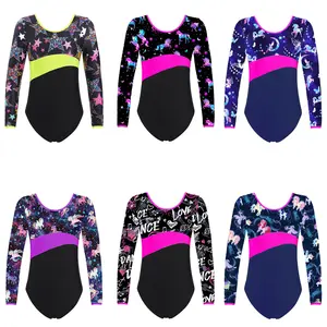 easyforever Gymnastics Leotards for Girls Kids Long Sleeve Printed Athletic Jumpsuit Sports Dancing Tumbling Unitards