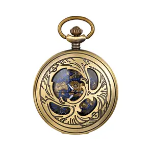 OIDEA Antique Bronze Skeleton Automatic Mechanical Pocket Watch with Roman Numerals