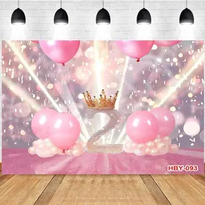 Photography Background Pink Balloons Crown Shiny Atmosphere Girl's Second Birthday Party Photo Studio Backdrop