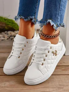 Women's Chic Quilted Sneakers, Lace-Up Trainer Footwear with Metallic Details for Polished Casual Style