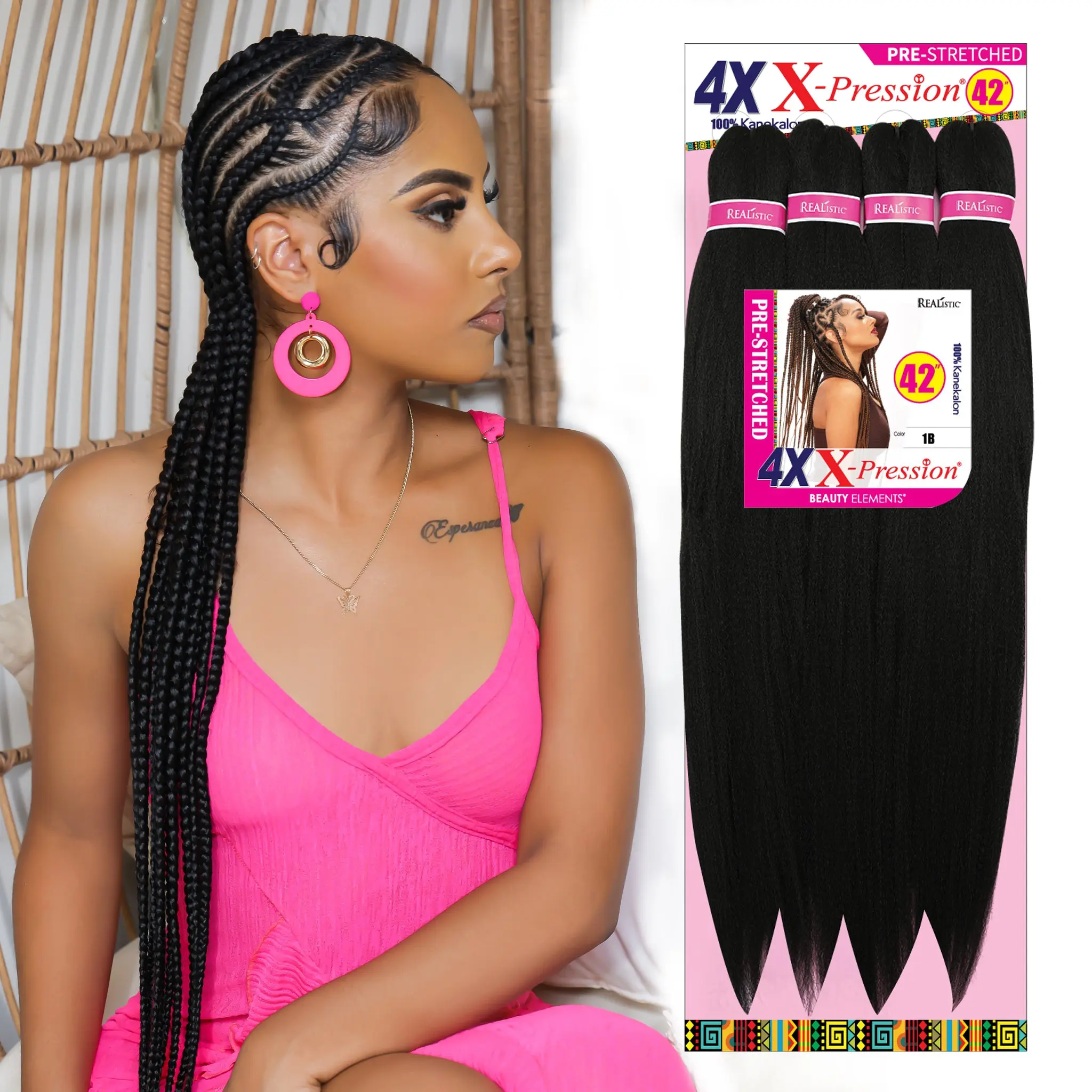 REALISTIC 4X X-PRESSION 42" 100% Kanekalon, Easy to braid, KNOTLESS, FEED in Braid (FOLDED 21", UNFOLDED 42")