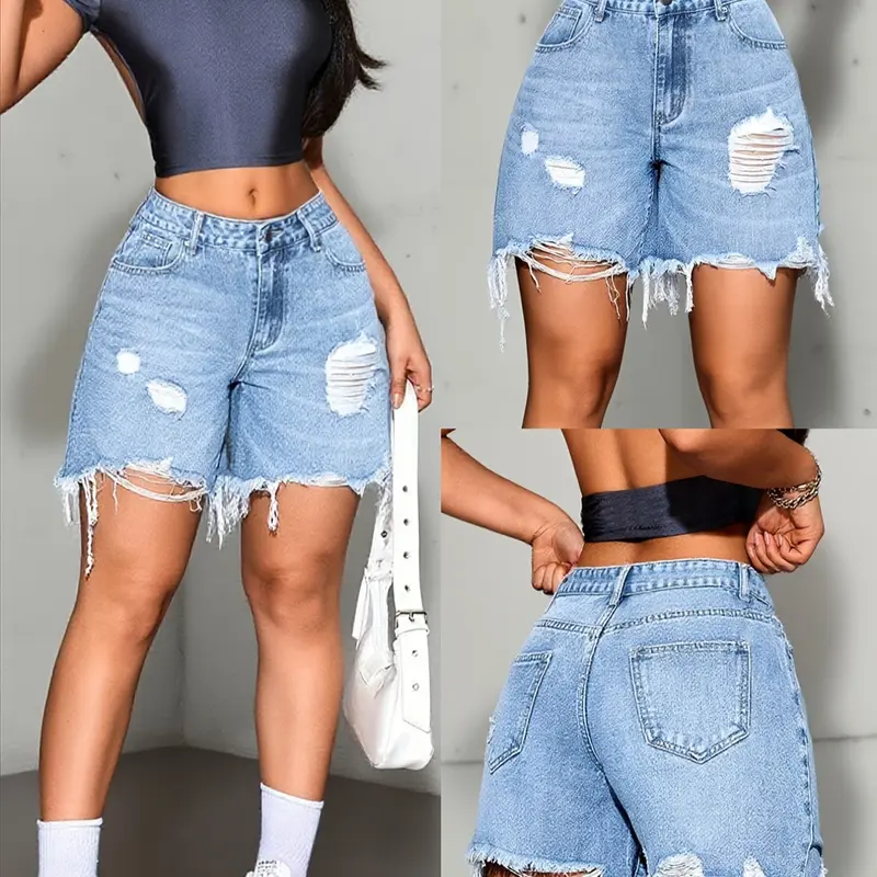 Women's Loose Fit Ripped Frayed Hem Shorts, Vintage Light-Wash Denim, Casual Streetwear, Comfortable for Spring, Summer and Fall, Perfect for Work, Parties and Commuting, Womenswear
