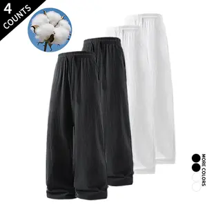4-Pack Men’s Straight-Leg Cotton Pants, Loose Fit for Everyday Summer Wear, Casual Pants with Elastic Waist and Drawstring