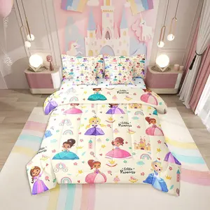 Cute Magical Princess 7 Piece Comforter Set,Bed in a Bag,Girly Kids Castle Soft Bedding for Sofa,Cartoon Rainbow Fitted Sheets