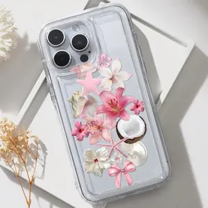 Ocean Coconut Flower Pattern Transparent Cellphone Phone Case, Full Body Shockproof Tpu Cover for iPhone 11-17 Pro Max, Lightweight Protective Soft Shell Gift